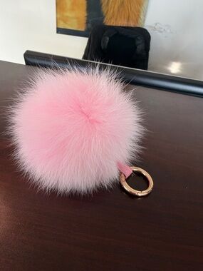 Pink Fuzzy Pom Pom Keychain with Gold Ring